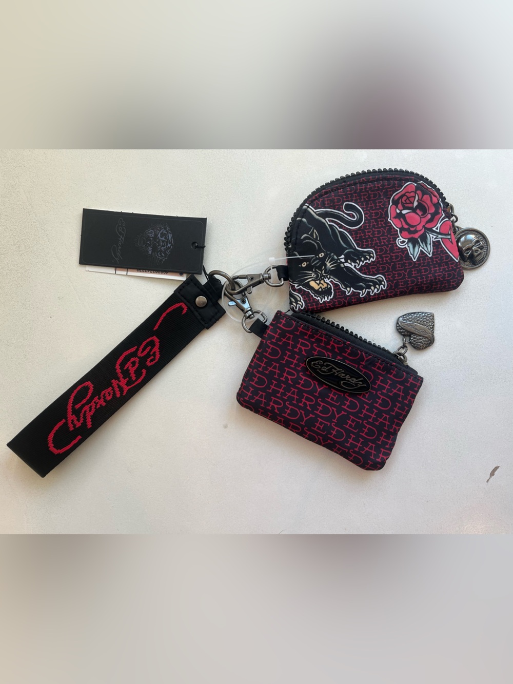 Ed Hardy Black and Red Wristlet Keychain Card/Coin Pouch Set